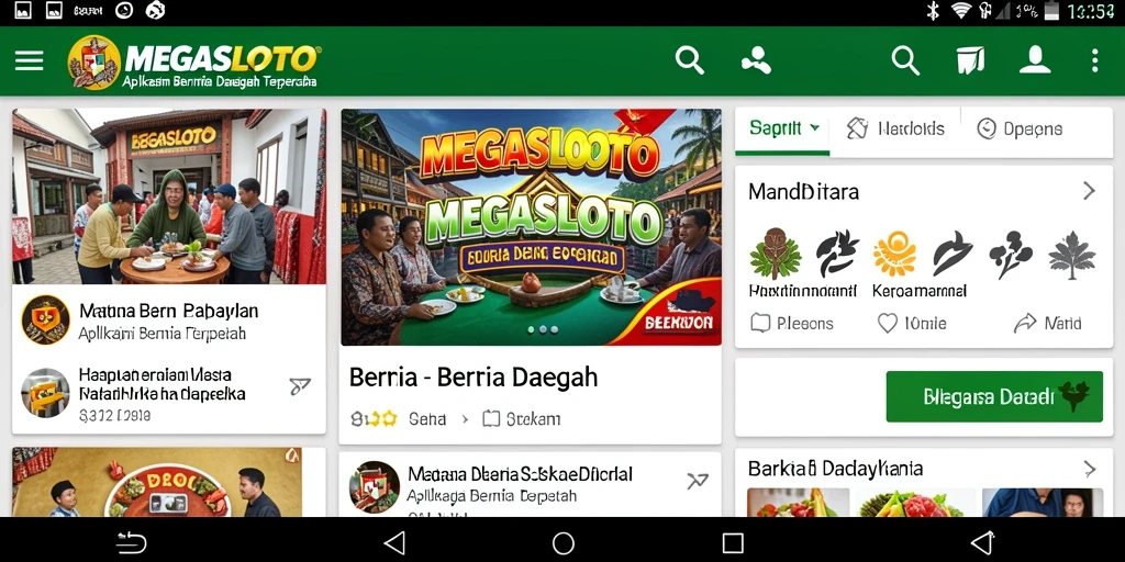 Antarmuka MEGASLOTO menampilkan berita daerah terkini dan interaksi pengguna.
